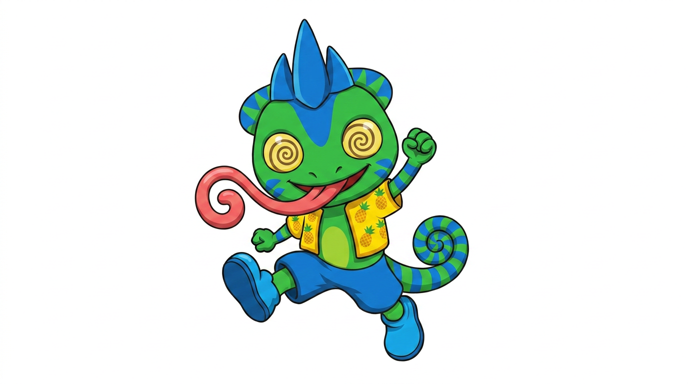 AI Design for the firsdt image has the pose i want to replicate which also has the same drawing style i want to repliocate to the second image with the small blue chameleon which should face the other direction on a white backdrop