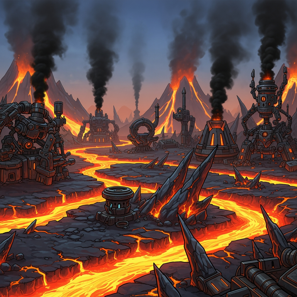 AI Design for make a video game world with many robotic mechanical elements like metal and also make it be in a lethal place full of lava rocks of magma as a background with no charachters a lot of smoke and game vibe