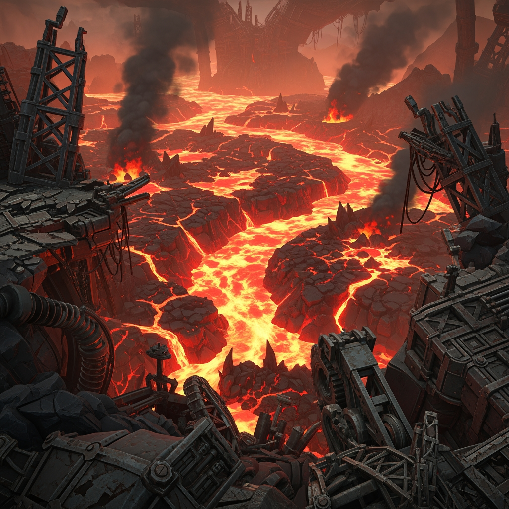 AI Design for make a video game world with many robotic mechanical elements like metal and also make it be in a lethal place full of lava rocks of magma as a background with no charachters a lot of smoke and game vibe and magma rocks and rocks are reddish orange to add to the vibe metal is gray and rusty and rocks are red