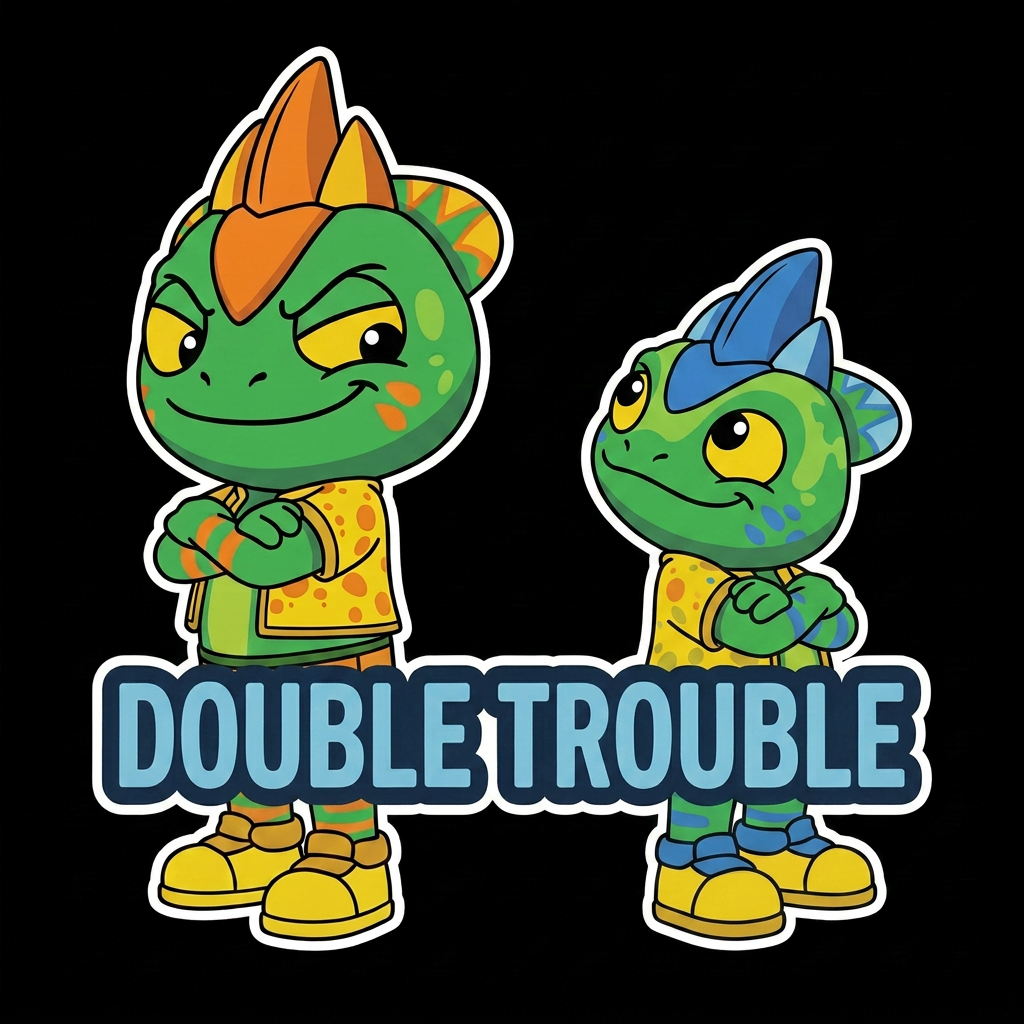 AI Design for Make the lizard on the right hand side smaller and shorter so the lizard with the orange stripes has to look a bit down to see his head and the text instead of being evil schemes is just double trouble and yeah
