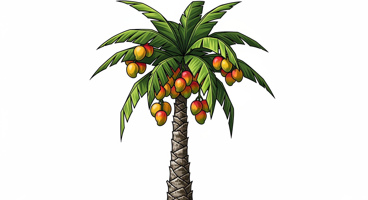 AI Design for now do a pal m trees with mangos hanging from the just one palm tree with a white background and make it feel video game like and sharp