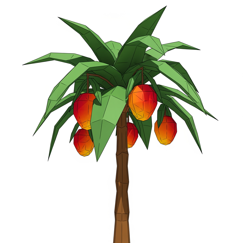 AI Design for now do a pal m trees with mangos hanging from the just one palm tree with a white background and make it feel video game like and sharp
