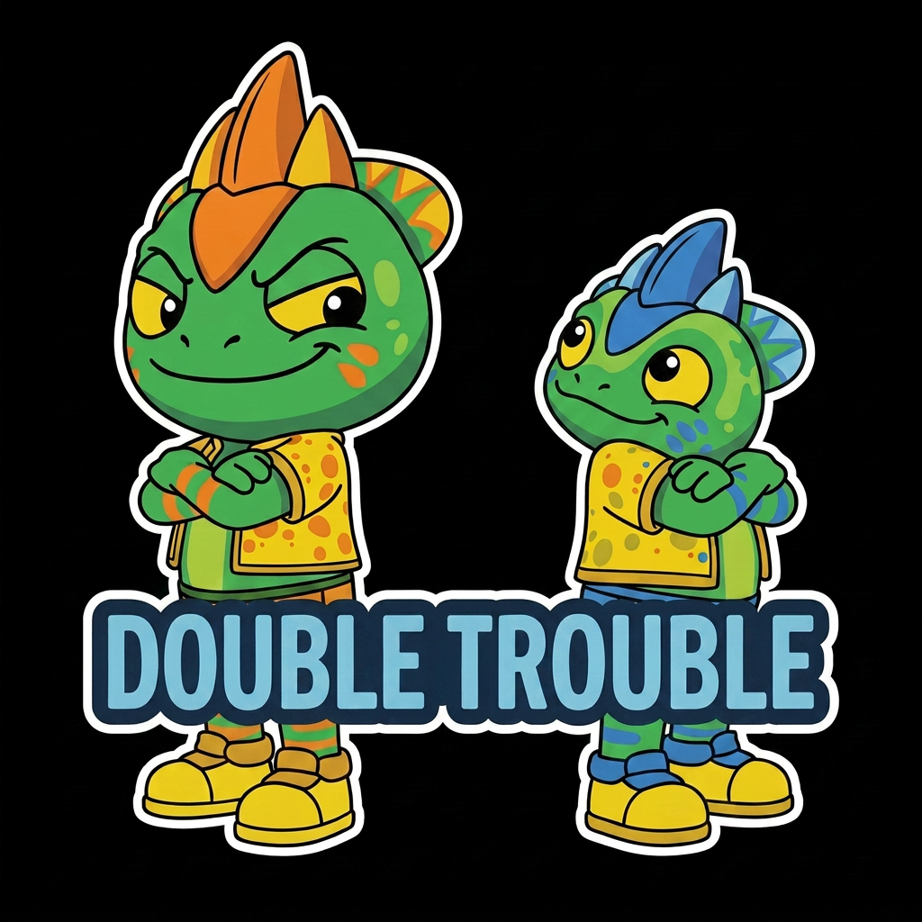 AI Design for Make the lizard on the right hand side smaller and shorter so the lizard with the orange stripes has to look a bit down to see his head and the text instead of being evil schemes is just double trouble and yeah