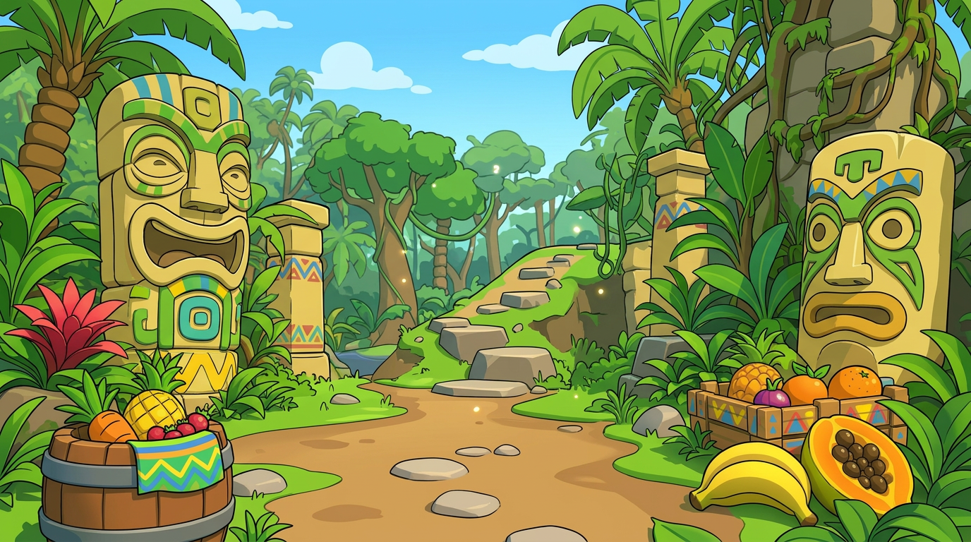 AI Design for MAKE AAN ENVIROMENT WITH THIS AESTHETIC MAKE IT SIMPLE CLEAN CARTOONY SIMPLER CLEAN NOT TO CONFUSING WITH FRUIT PALM TREES VINES like an indie game3 sunny comic style more mgreen  and beatifull world 3d platformer no simple coloring vibrant with minimal comic shading thick black bold lines in a simple enviroment with wood things related to wood are basic clean and have tribal colorings like zigzag lines on colored strip colorfull shapes on tribal parts and tiki heads simple aproachableand lizard like and sotne pillars are yellow ish sane with the tiki heads simple yet colorfull with stripes triangles etc