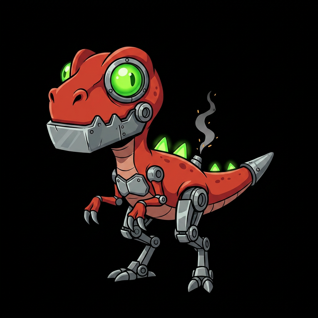 AI Design for design smaller cuter angrier video game henchmen for a video game im working on just dinosaurs with the same vibrant colors just one on the image with way way less spikes less advanced mechanical fill more like dinosaur with robot parts like his jaw is square metal and his legs are metal he has a samll line of four glowing spikes down his back and round stupid freen eyes encased in metal and fully red dinosaur more skinny