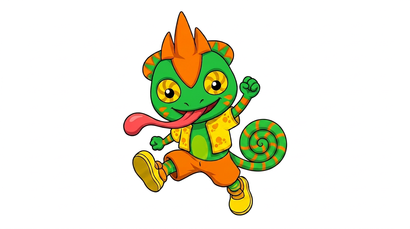 AI Design for white background just charachter his tail is is short bet end is swirly like a cinnamon roll and is green orange in a pattern of colour more green than orange medium amount of arange stripes smaller tail thanks please tail base small short and swirl big but in general small tail ssmall amount of stripes