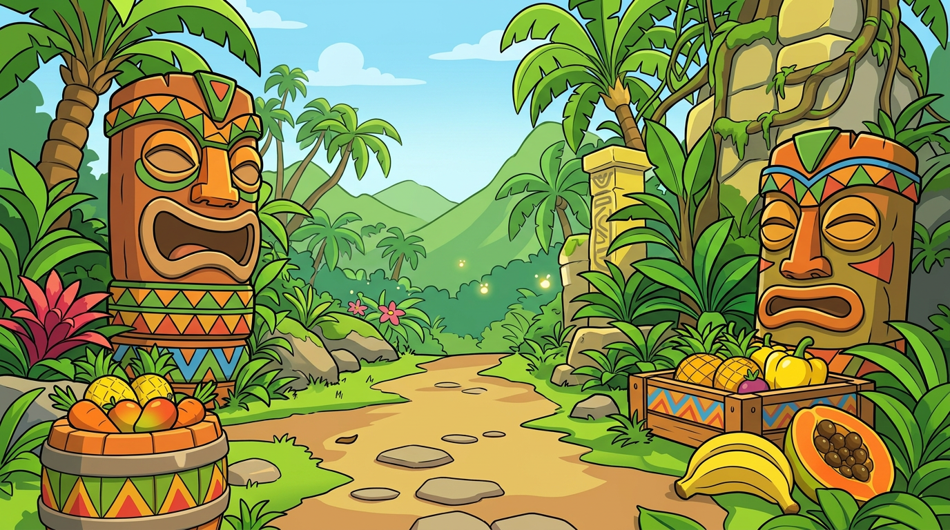 AI Design for MAKE AAN ENVIROMENT WITH THIS AESTHETIC MAKE IT SIMPLE CLEAN CARTOONY SIMPLER CLEAN NOT TO CONFUSING WITH FRUIT PALM TREES VINES like an indie game3 sunny comic style more mgreen and beatifull world 3d platformer no simple coloring vibrant with minimal comic shading thick black bold lines in a simple enviroment with wood things related to wood are basic clean and have tribal colorings like zigzag lines on colored strip colorfull shapes on tribal parts and tiki heads simple aproachableand lizard like and sotne pillars are yellow ish only stones and dirt is brown and a bit of yellow mix the tiki heads are orange brown sane with the tiki heads simple yet colorfull with stripes triangles etc and colors of the tribal things re green orange blue red yellow and no pink or purple
