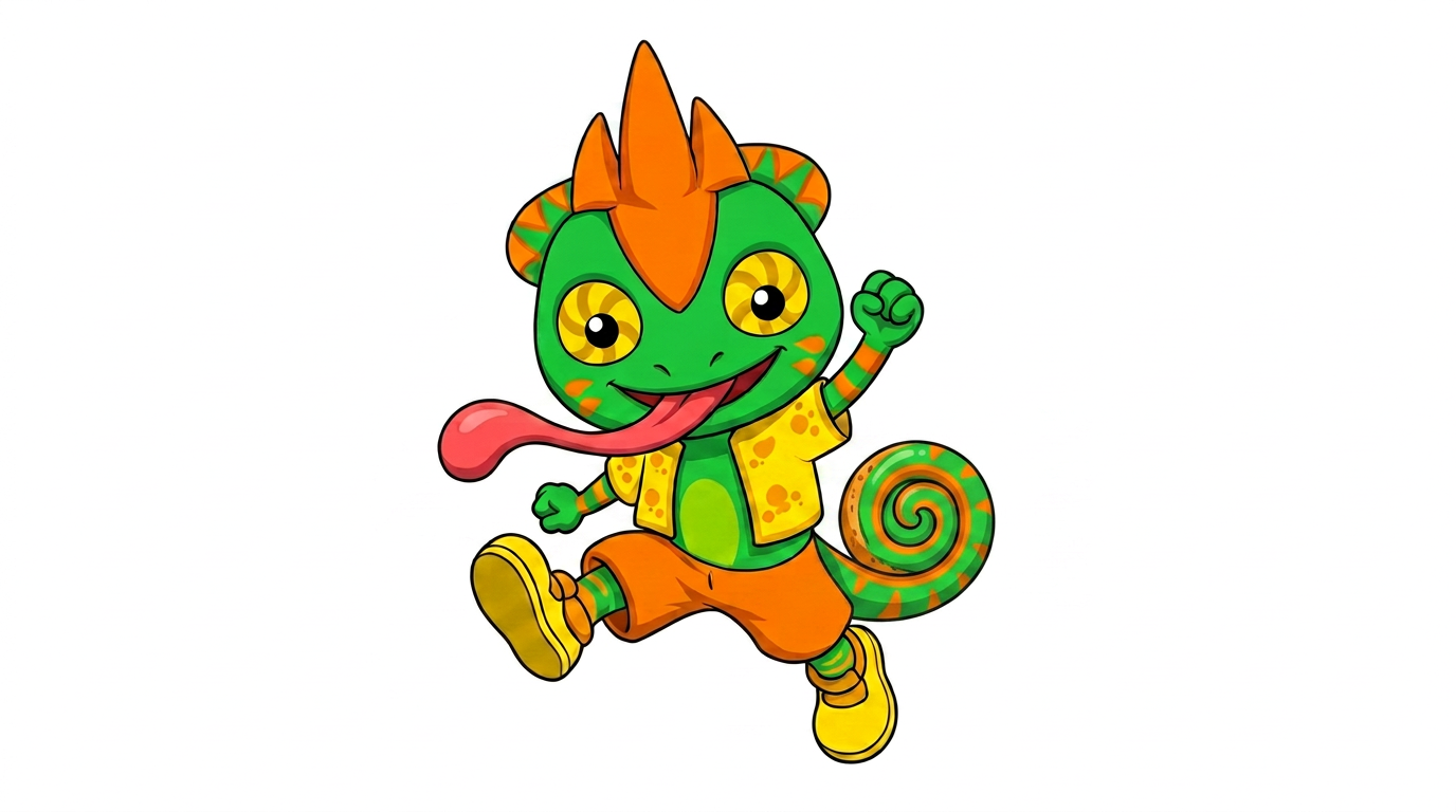 AI Design for white background just charachter his tail is is short bet end is swirly like a cinnamon roll and is green orange in a pattern of colour more green than orange