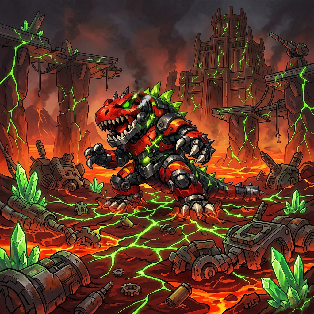 AI Design for design a lava envirtooment for this villian who lives in a video game final boss world filled with lava broken machines and their parts glowing green cracks every where and green crystals out of the red and orange magma video game ground