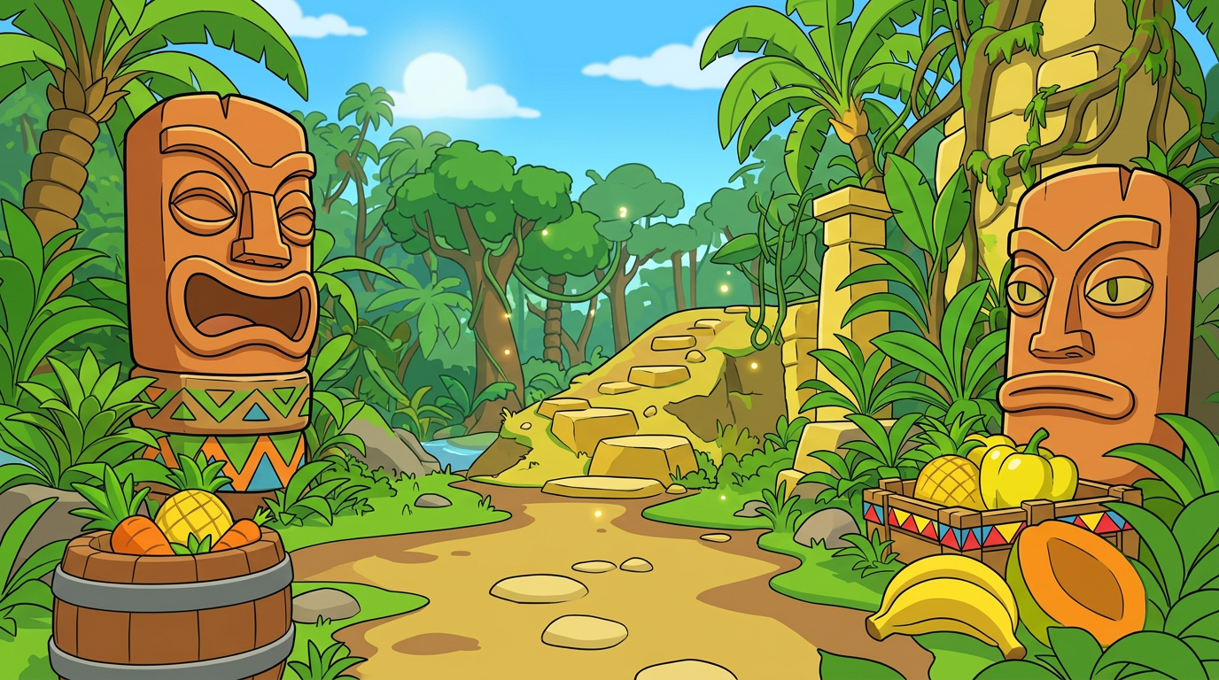 AI Design for MAKE AAN ENVIROMENT WITH THIS AESTHETIC MAKE IT SIMPLE CLEAN CARTOONY SIMPLER CLEAN NOT TO CONFUSING WITH FRUIT PALM TREES VINES like an indie game3 sunny comic style more mgreen and beatifull world 3d platformer no simple coloring vibrant with minimal comic shading thick black bold lines in a simple enviroment with wood things related to wood are basic clean and have tribal colorings like zigzag lines on colored strip colorfull shapes on tribal parts and tiki heads simple aproachableand lizard like and sotne pillars are yellow ish only stones and dirt is brown and a bit of yellow mix the tiki heads are orange brown sane with the tiki heads simple yet colorfull with stripes triangles etc and colors of the tribal things re green orange blue red yellow and no pink or purple