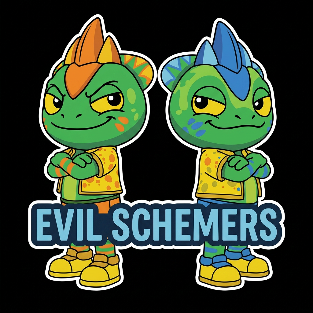 AI Design for Alright make the blue lizard smaller shorter remove the text and put a new block of text that covers their legs and you can barely see their shorts remove their tails it only like their tails and yeah give them make them smile and make their teeth not visible just give them a basic smile and give it like a make the black lines more bolder and the designs like cuter and like you make them look at each other with like smirk smile and they're like evil puny dunes and yeah make the black lines more bolder and the designs like cuter and like you make them look at each other with like smirk smile and they're like evil puny dunes and yeah