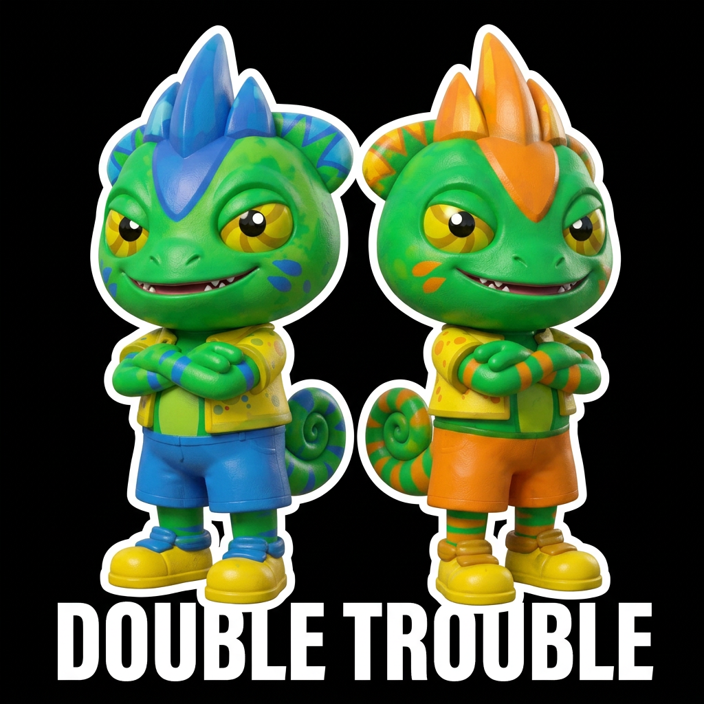AI Design for Take these two chameleon brothers and put them on a black background an outline them with a white outline make sure that all of their details are visible make both of the characters cross their arms and touch their backs and have a smile like a mean like menacing smile you'd more menacing more cuter and in bold white text like down their bodies so you can really see their legs it says Double Trouble in Big white text and don't change up their details just change up their pose but the on a black background and do everything that