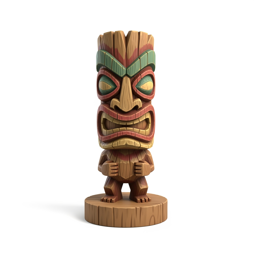AI Design for make more tiki statue variants and make them more video game like one at a time with white background wooden base and colour patterns not to color full and more wood like and not too angry