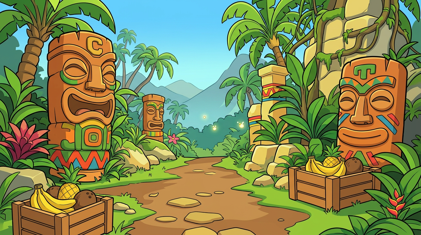 AI Design for MAKE AAN ENVIROMENT WITH THIS AESTHETIC MAKE IT SIMPLE CLEAN CARTOONY SIMPLER CLEAN NOT TO CONFUSING WITH FRUIT PALM TREES VINES like an indie game3 sunny comic style more mgreen and beatifull world 3d platformer no simple coloring vibrant with minimal comic shading thick black bold lines in a simple enviroment with wood things related to wood are basic clean and have tribal colorings like zigzag lines on colored strip colorfull shapes on tribal parts and tiki heads simple aproachableand lizard like and sotne pillars are yellow ish only stones and dirt is brown and a bit of yellow mix the tiki heads are orange brown sane with the tiki heads simple yet colorfull with stripes triangles etc and colors of the tribal things re green orange blue red yellow and no pink or purple