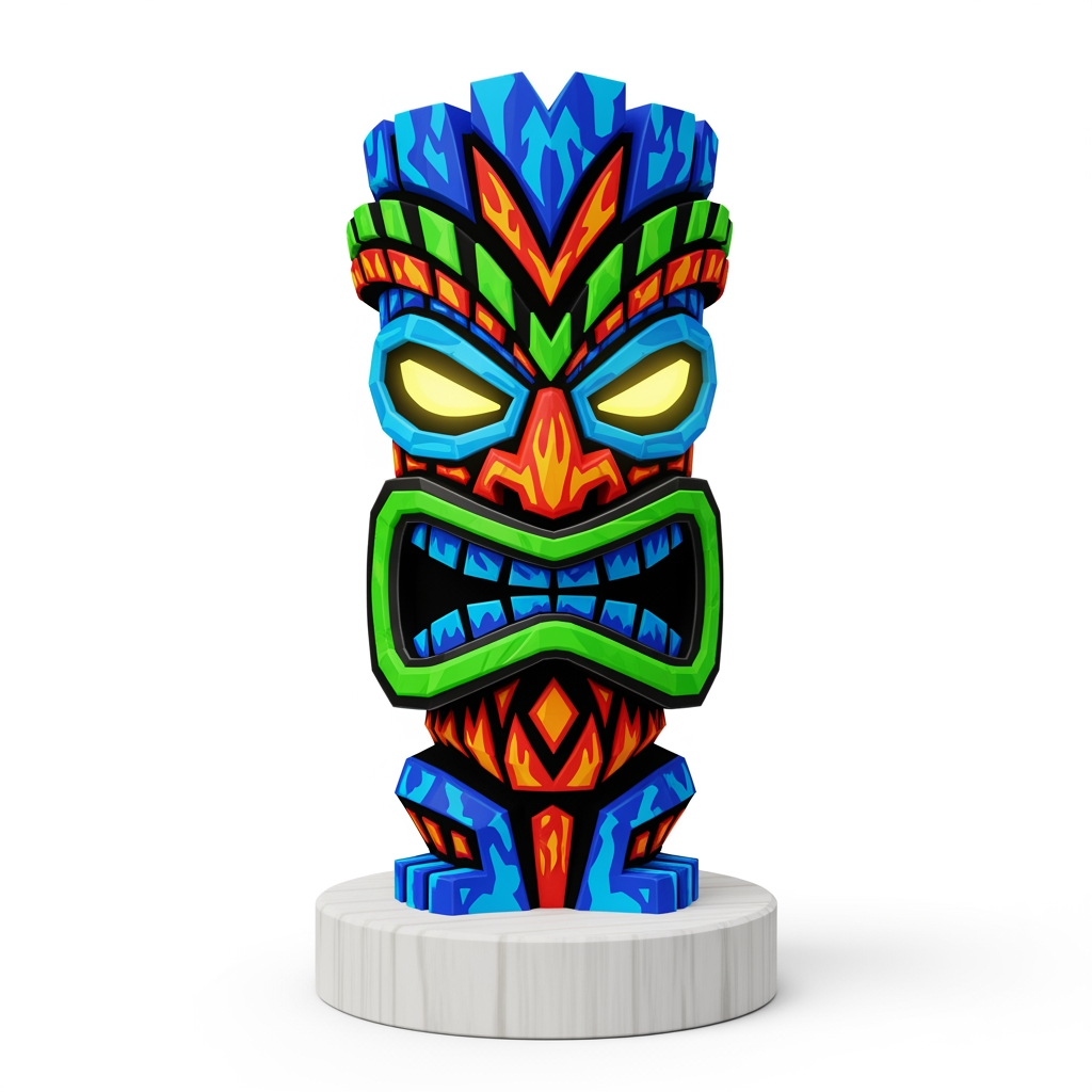 AI Design for make more tiki statue variants and make them more video game like one at a time with white background wooden base and colour patterns