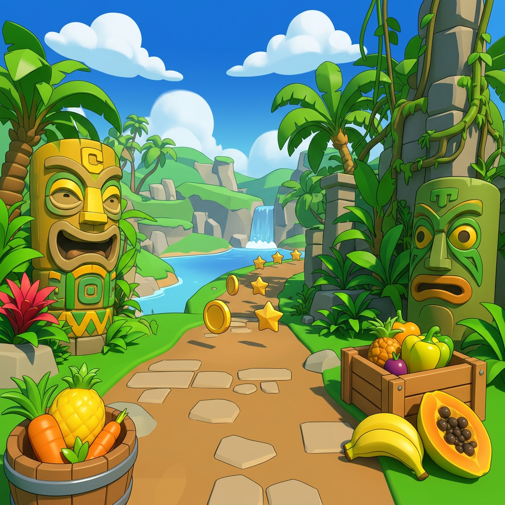 AI Design for MAKE AAN ENVIROMENT WITH THIS AESTHETIC MAKE IT SIMPLE CLEAN CARTOONY SIMPLER CLEAN NOT TO CONFUSING WITH FRUIT PALM TREES VINES like an indie game3 sunny comic style more mgreen  and beatifull world 3d platformer