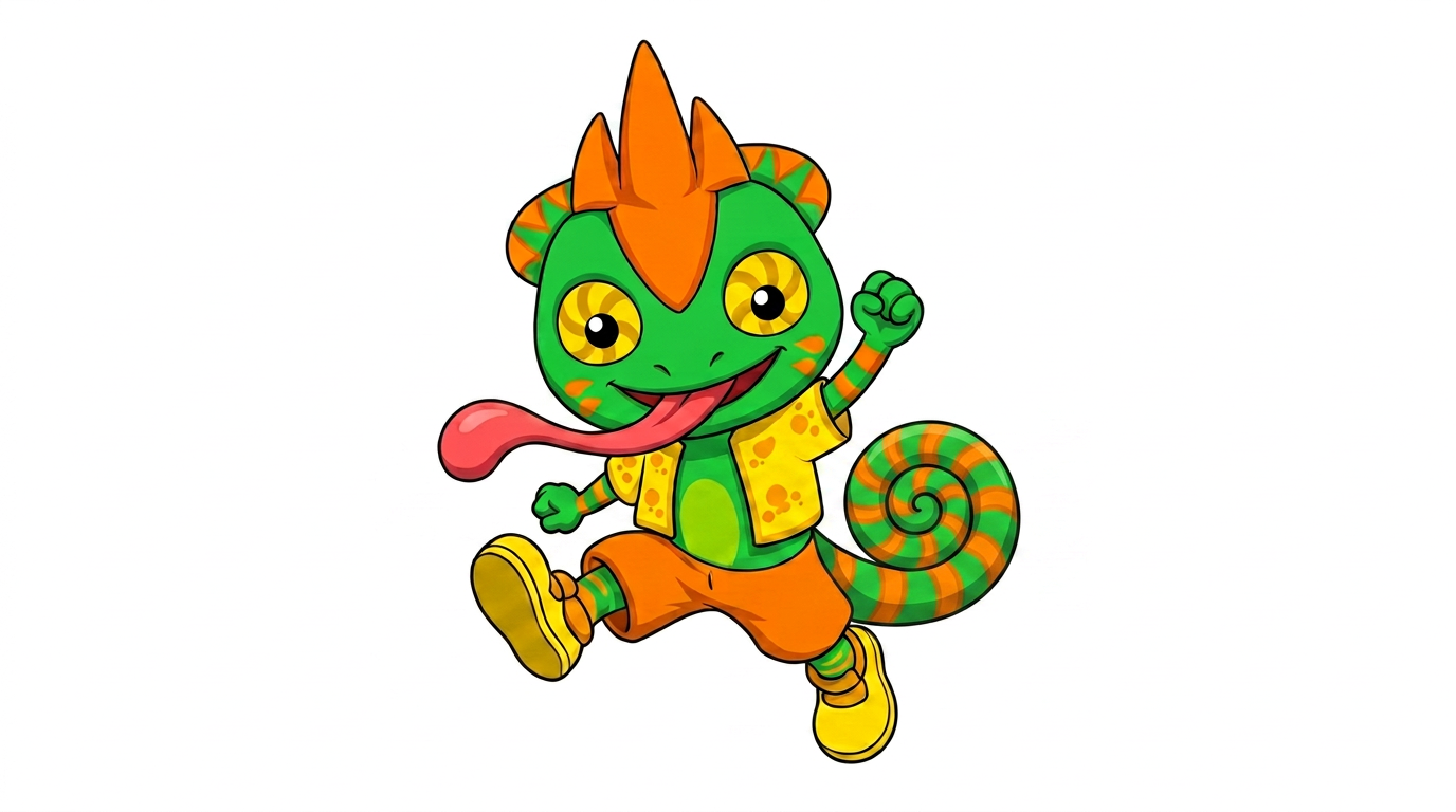 AI Design for white background just charachter his tail is is short bet end is swirly like a cinnamon roll and is green orange in a pattern of colour more green than orange