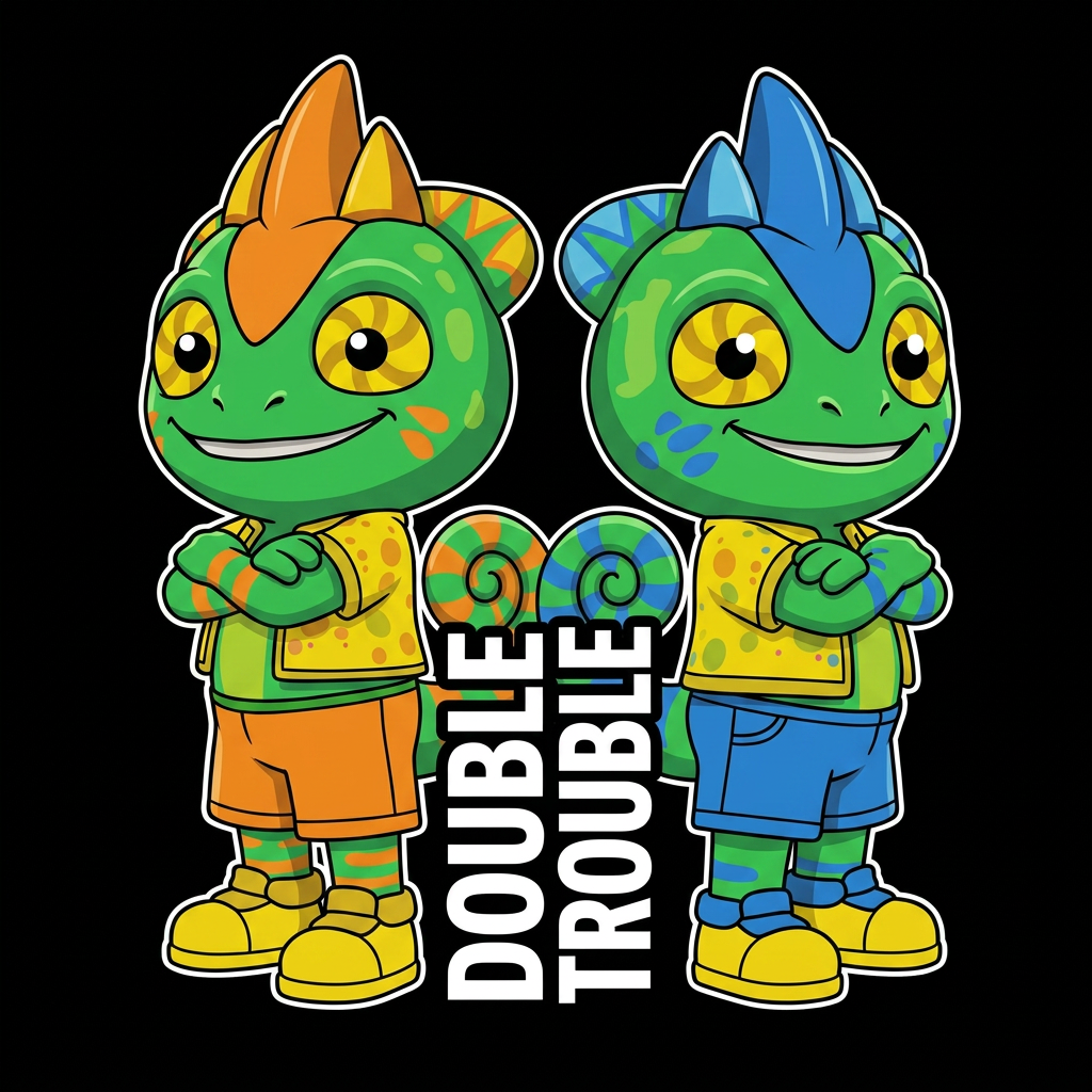 AI Design for So put them in just like cartoonish art style where they don't have too many shadows and I don't like how the text is vertical should make the text normal you should make the green and blue lizard smaller shorter than the green orange One and make it like in this sort of cartoon vector I guess art style with bold and thick lines and not too many shadows and don't change your designs a bit don't