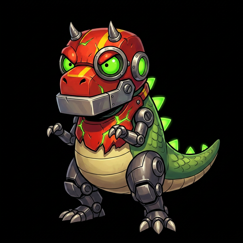 AI Design for design smaller cuter angrier video game henchmen for a video game im working on just dinosaurs with the same vibrant colors just one on the image with way way less spikes less advanced mechanical fill more like dinosaur with robot parts like his jaw is square metal and his legs are metal he has a samll line of four glowing spikes down his back and round stupid freen eyes encased in metal and obviously the two small metal horns crest