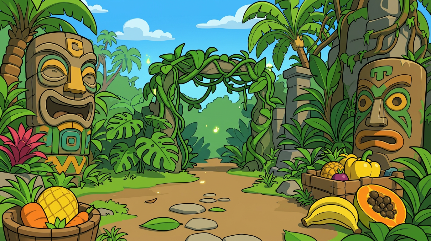 AI Design for MAKE AAN ENVIROMENT WITH THIS AESTHETIC MAKE IT SIMPLE CLEAN CARTOONY SIMPLER CLEAN NOT TO CONFUSING WITH FRUIT PALM TREES VINES like an indie game3 sunny comic style more mgreen  and beatifull world 3d platformer no simple coloring vibrant with minimal comic shading thick black bold lines