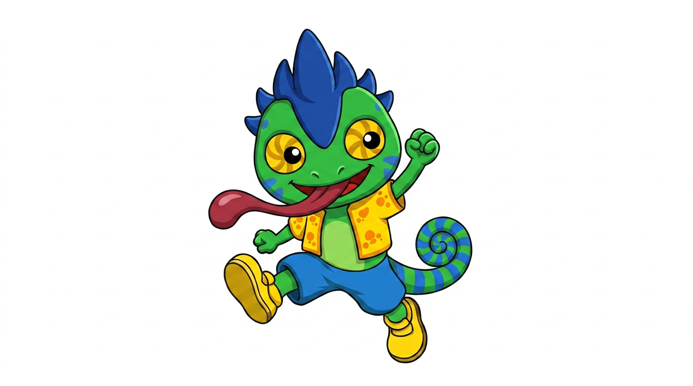AI Design for the firsdt image has the pose i want to replicate which also has the same drawing style i want to repliocate to the second image with the small blue chameleon which should face the other direction on a white backdrop make him face the right and make him small and chubby MAKE HIM FACCE TO THE RIGH SIDE OF THE IMAGE