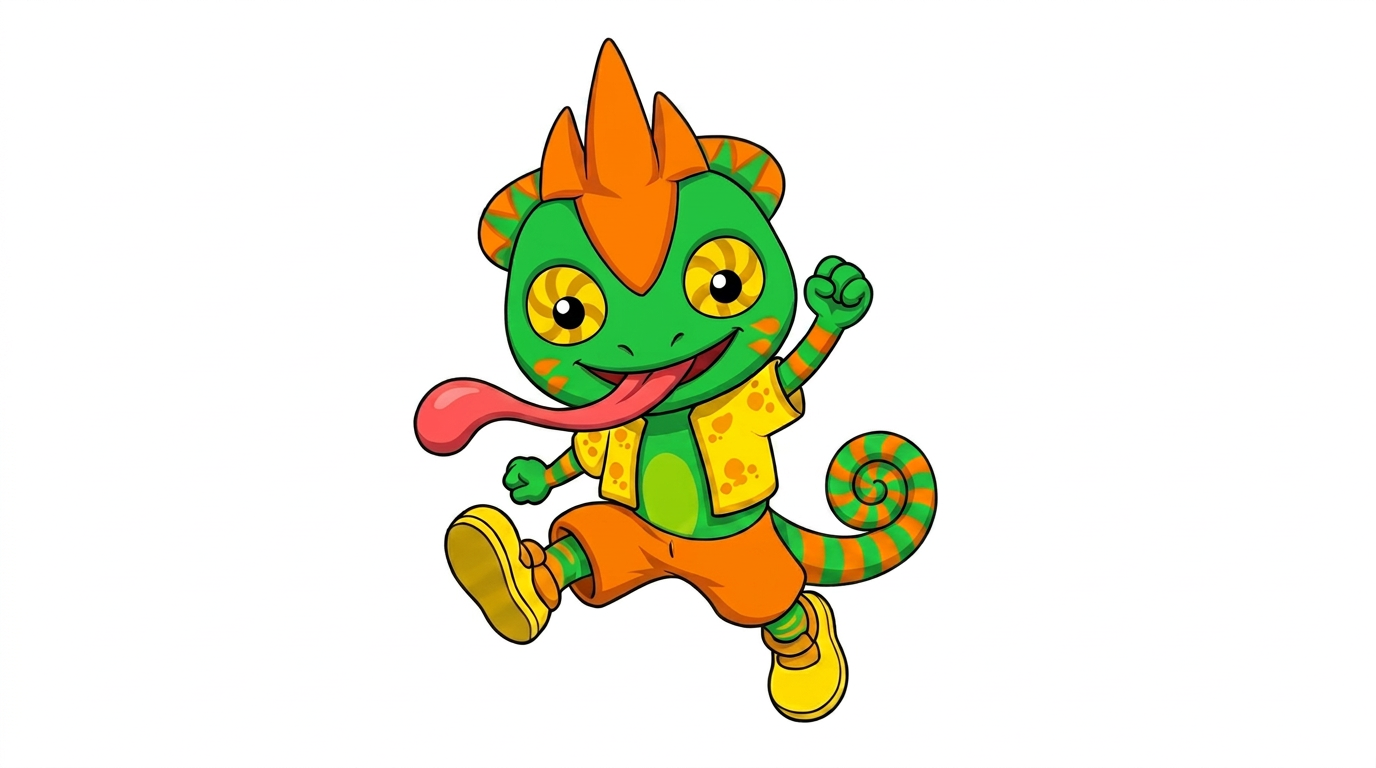 AI Design for white background just charachter his tail is is short bet end is swirly like a cinnamon roll and is green orange in a pattern of colour more green than orange