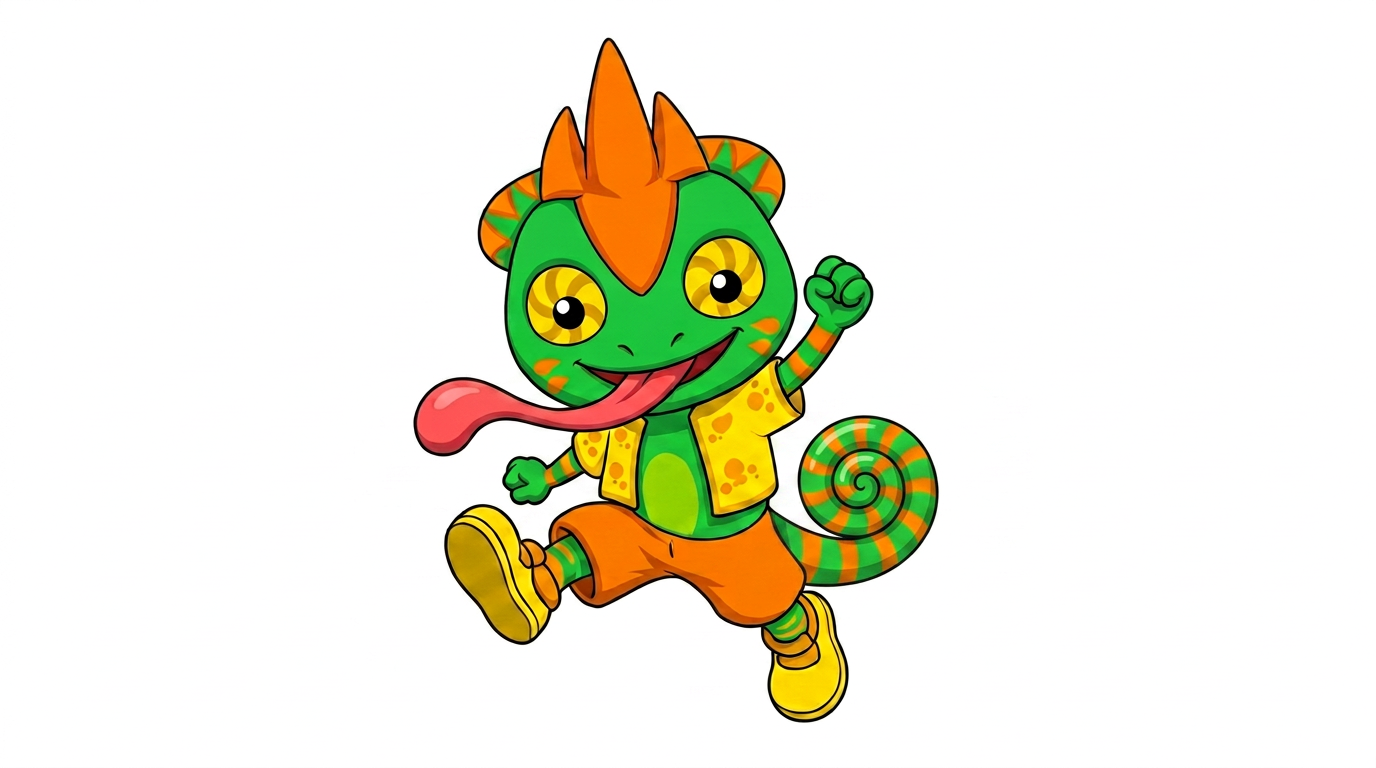 AI Design for white background just charachter his tail is is short bet end is swirly like a cinnamon roll and is green orange in a pattern of colour more green than orange