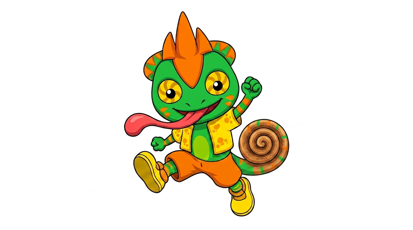 AI Design for white background just charachter his tail is is short bet end is swirly like a cinnamon roll and is green orange in a pattern of colour more green than orange medium amount of arange stripes smaller tail thanks please tail base small short and swirl big but in general small tail ssmall amount of stripes