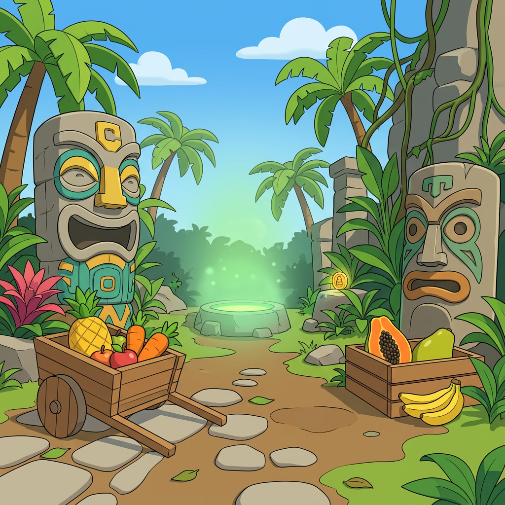 AI Design for MAKE AAN ENVIROMENT WITH THIS AESTHETIC MAKE IT SIMPLE CLEAN CARTOONY SIMPLER CLEAN NOT TO CONFUSING WITH FRUIT PALM TREES VINES like an indie game3 sunny comic style more mgreen  and beatifull world 3d platformer