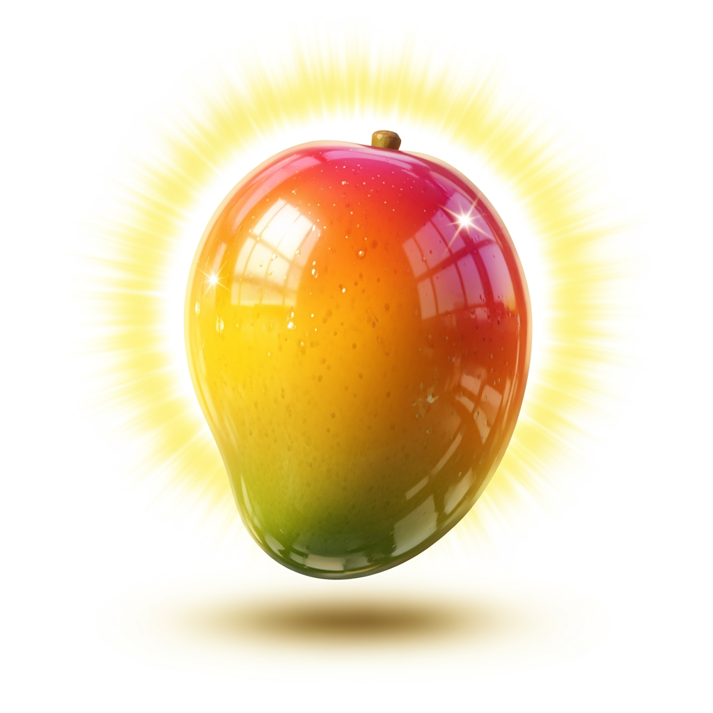 AI Design for big shiny glossy video game collectible mango white background and make it have a golden shine behind them