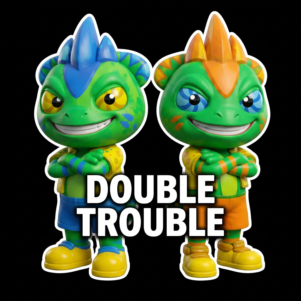 AI Design for Take these two chameleon brothers and put them on a black background an outline them with a white outline make sure that all of their details are visible make both of the characters cross their arms and touch their backs and have a smile like a mean like menacing smile you'd more menacing more cuter and in bold white text like down their bodies so you can really see their legs it says Double Trouble in Big white text and don't change up their details just change up their pose but the on a black background and do everything that