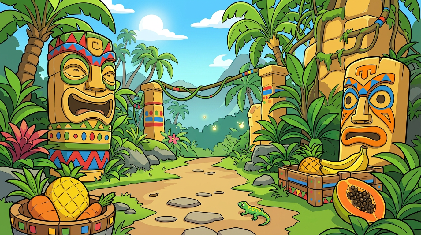 AI Design for MAKE AAN ENVIROMENT WITH THIS AESTHETIC MAKE IT SIMPLE CLEAN CARTOONY SIMPLER CLEAN NOT TO CONFUSING WITH FRUIT PALM TREES VINES like an indie game3 sunny comic style more mgreen  and beatifull world 3d platformer no simple coloring vibrant with minimal comic shading thick black bold lines in a simple enviroment with wood things related to wood are basic clean and have tribal colorings like zigzag lines on colored strip colorfull shapes on tribal parts and tiki heads simple aproachableand lizard like and sotne pillars are yellow ish sane with the tiki heads simple yet colorfull with stripes triangles etc