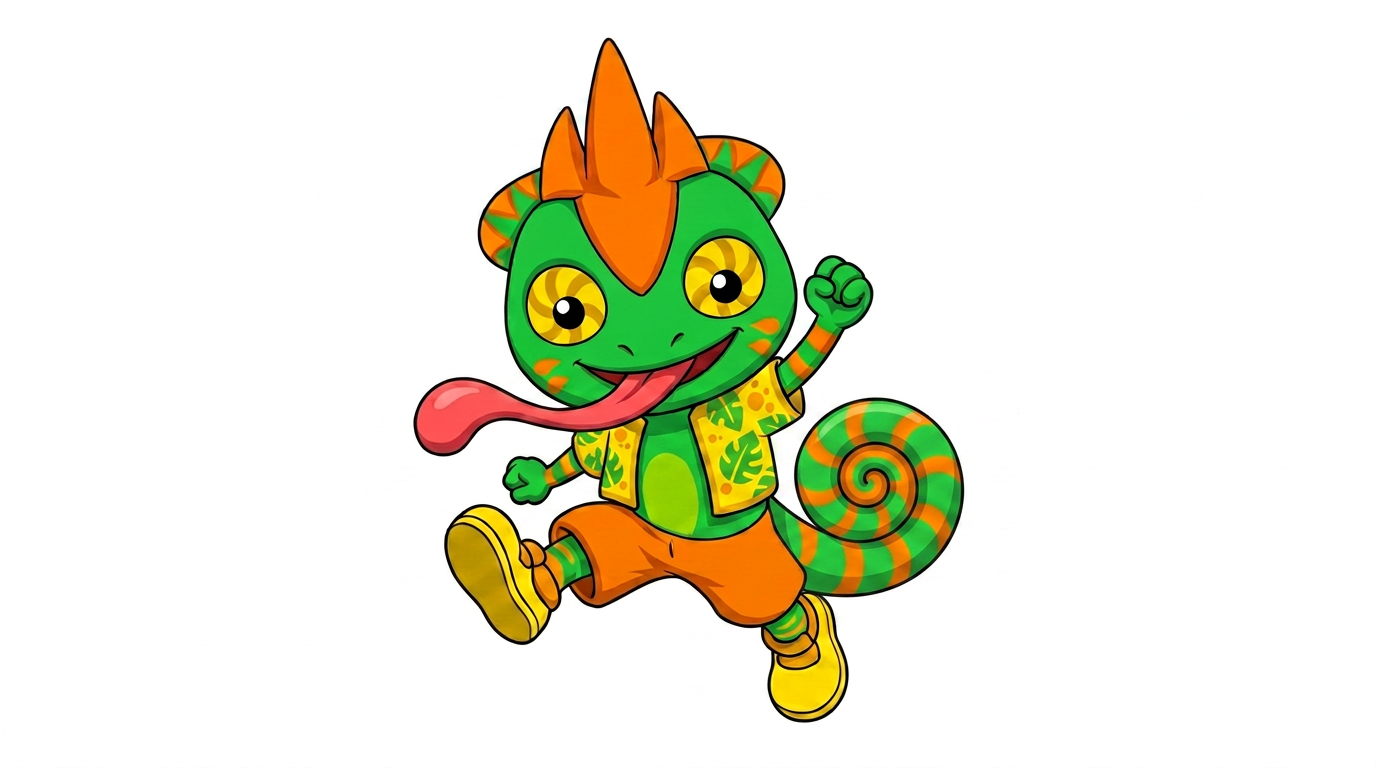AI Design for white background just charachter his tail is is short bet end is swirly like a cinnamon roll and is green orange in a pattern of colour more green than orange