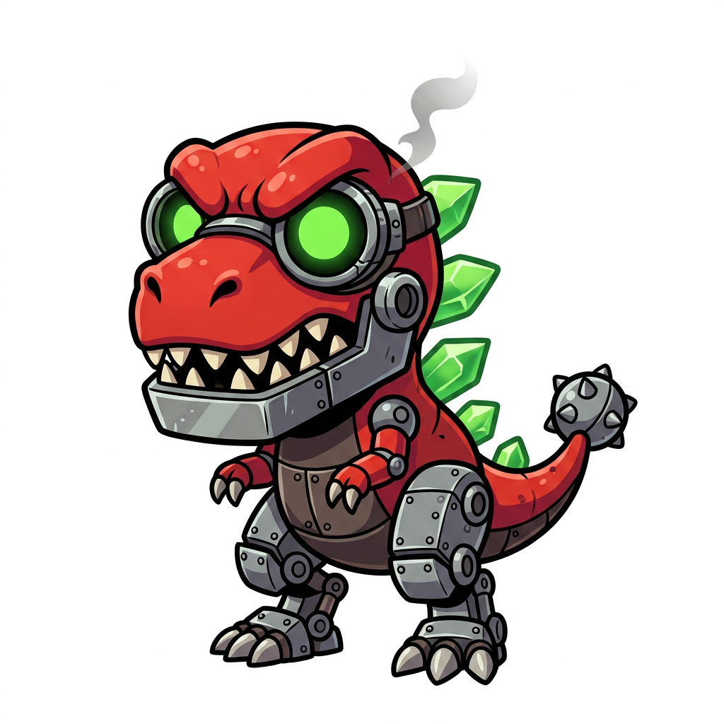 AI Design for design smaller cuter angrier video game henchmen for a video game im working on just dinosaurs with the same vibrant colors just one on the image with way way less spikes less advanced mechanical fill more like dinosaur with robot parts like his jaw is square metal and his legs are metal he has a samll line of four glowing spikes down his back and round stupid freen eyes encased in metal and +