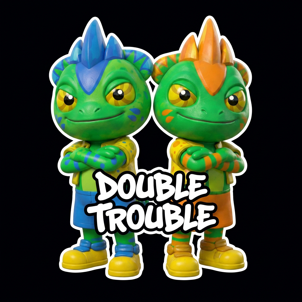 AI Design for Take these two chameleon brothers and put them on a black background an outline them with a white outline make sure that all of their details are visible make both of the characters cross their arms and touch their backs and have a smile like a mean like menacing smile you'd more menacing more cuter and in bold white text like down their bodies so you can really see their legs it says Double Trouble in Big white text and don't change up their details just change up their pose but the on a black background and do everything that