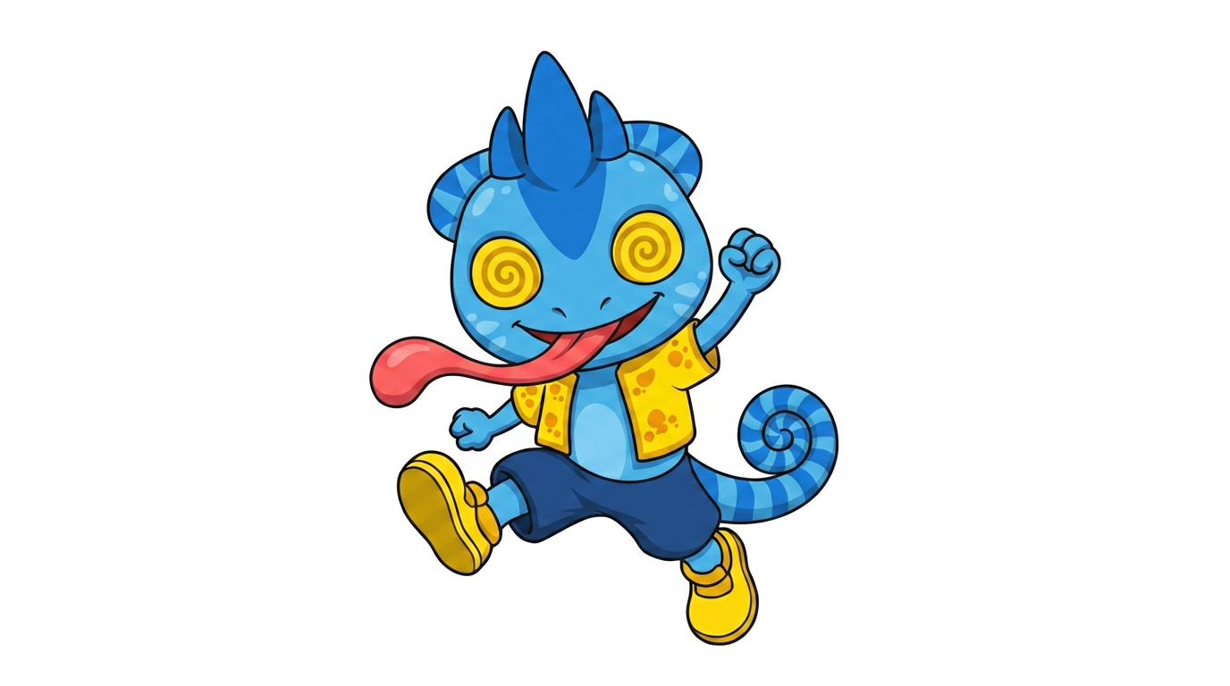 AI Design for the firsdt image has the pose i want to replicate which also has the same drawing style i want to repliocate to the second image with the small blue chameleon which should face the other direction on a white backdrop make him face the right and make him small and chubby