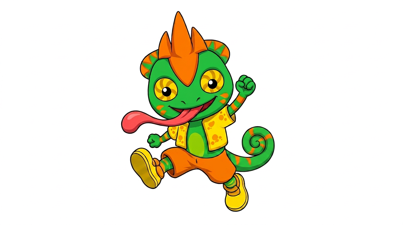 AI Design for white background just charachter his tail is is short bet end is swirly like a cinnamon roll and is green orange in a pattern of colour more green than orange small amount of arange stripes smaller tail thanks please