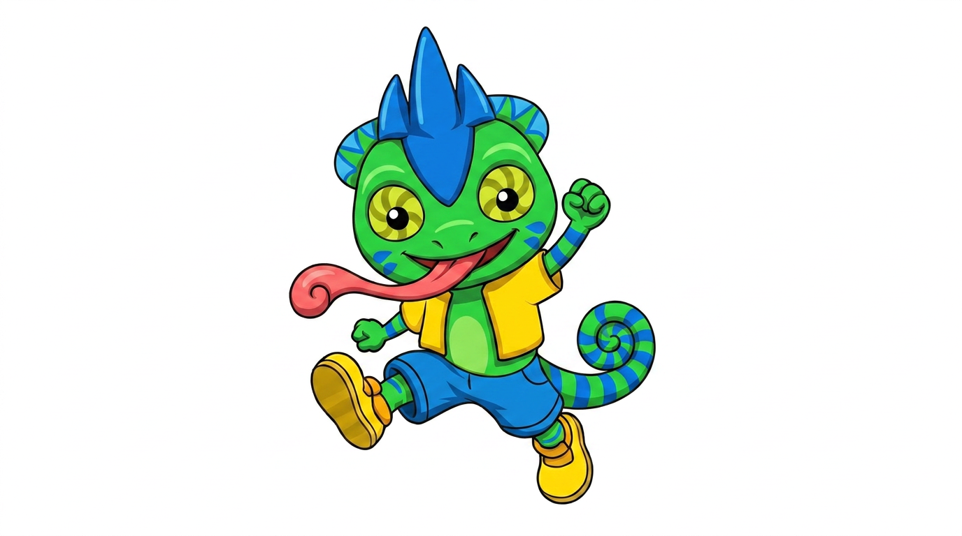 AI Design for the firsdt image has the pose i want to replicate which also has the same drawing style i want to repliocate to the second image with the small blue chameleon which should face the other direction on a white backdrop
