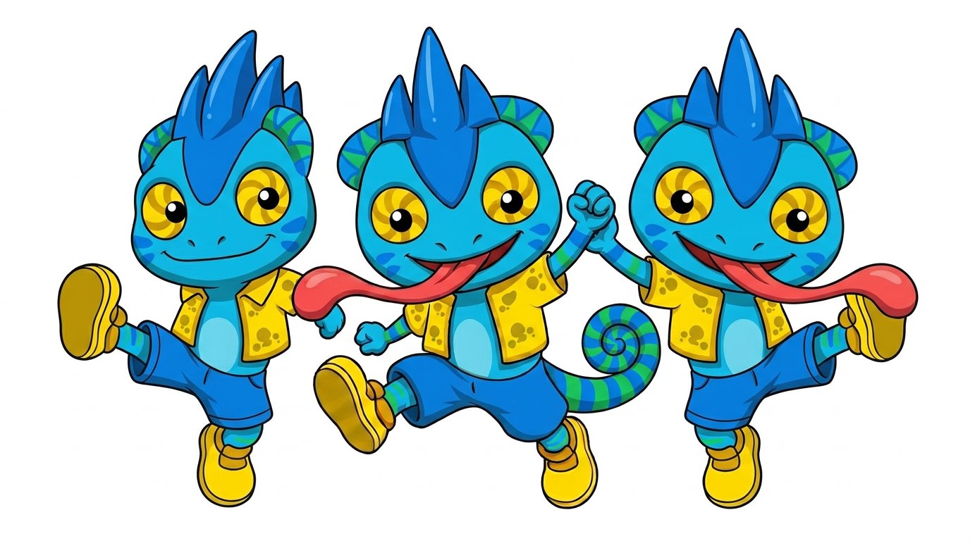 AI Design for do the excact same pose in the oposite dirrection and artstyle as the orange chameleon and make the blue chameleon like him but only the blue chameleoon in the image