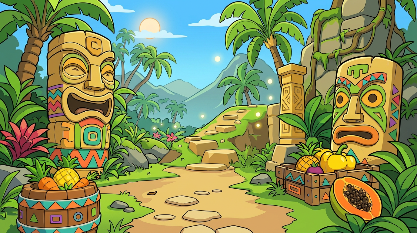 AI Design for MAKE AAN ENVIROMENT WITH THIS AESTHETIC MAKE IT SIMPLE CLEAN CARTOONY SIMPLER CLEAN NOT TO CONFUSING WITH FRUIT PALM TREES VINES like an indie game3 sunny comic style more mgreen  and beatifull world 3d platformer no simple coloring vibrant with minimal comic shading thick black bold lines in a simple enviroment with wood things related to wood are basic clean and have tribal colorings like zigzag lines on colored strip colorfull shapes on tribal parts and tiki heads simple aproachableand lizard like and sotne pillars are yellow ish sane with the tiki heads simple yet colorfull with stripes triangles etc