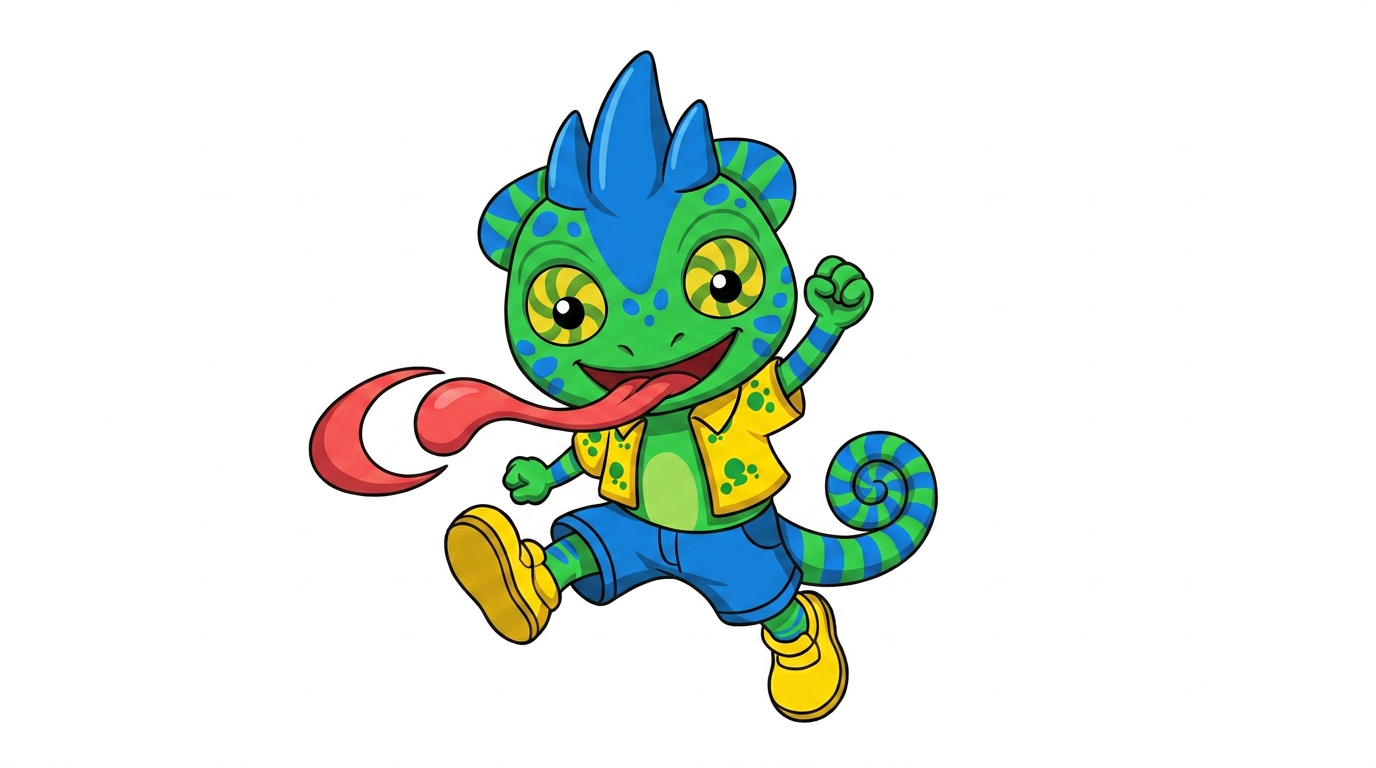 AI Design for the firsdt image has the pose i want to replicate which also has the same drawing style i want to repliocate to the second image with the small blue chameleon which should face the other direction on a white backdrop make him face the right and make him small and chubby