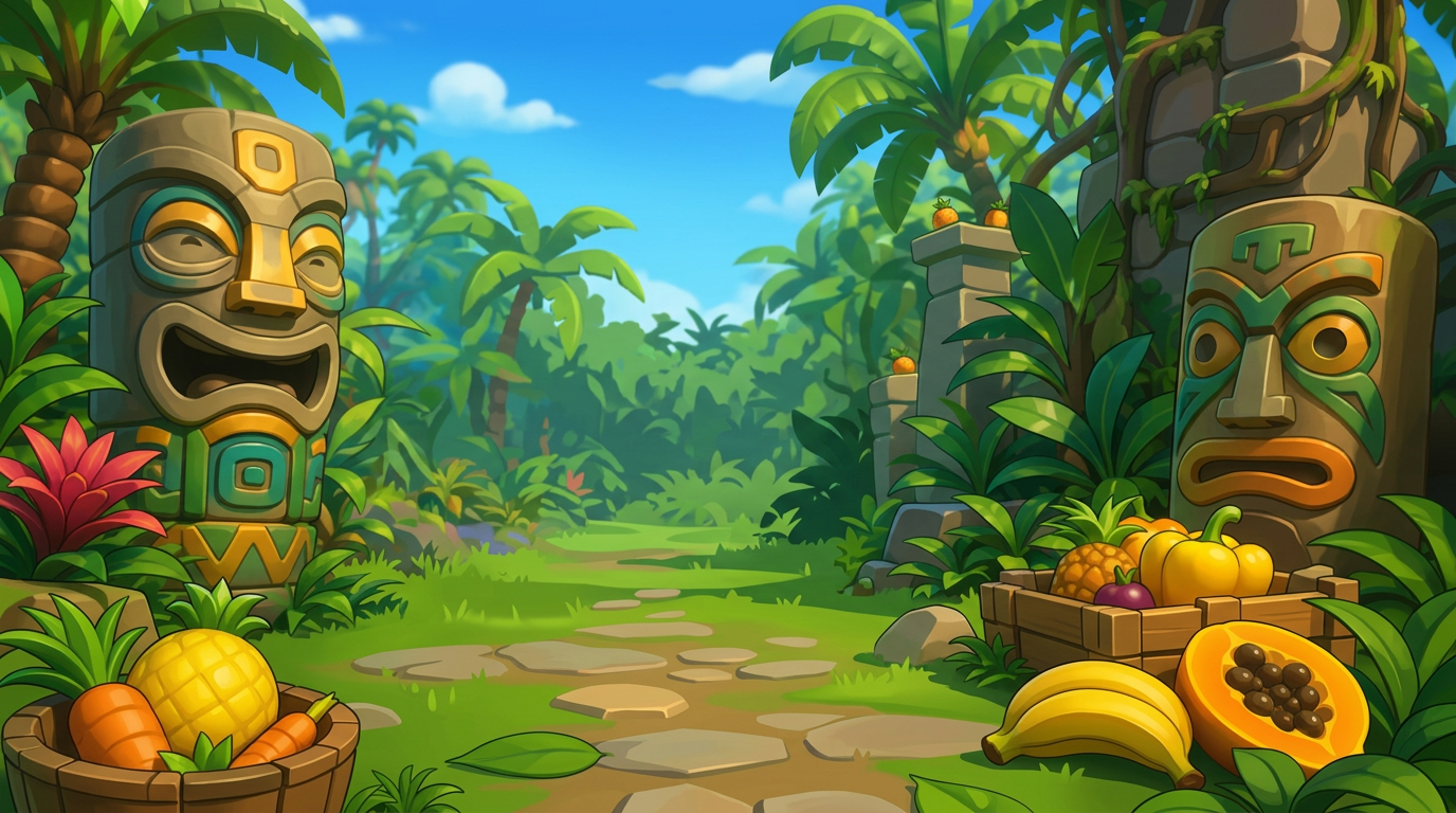 AI Design for MAKE AAN ENVIROMENT WITH THIS AESTHETIC MAKE IT SIMPLE CLEAN CARTOONY SIMPLER CLEAN NOT TO CONFUSING WITH FRUIT PALM TREES VINES like an indie game3 sunny comic style more mgreen  and beatifull world 3d platformer no