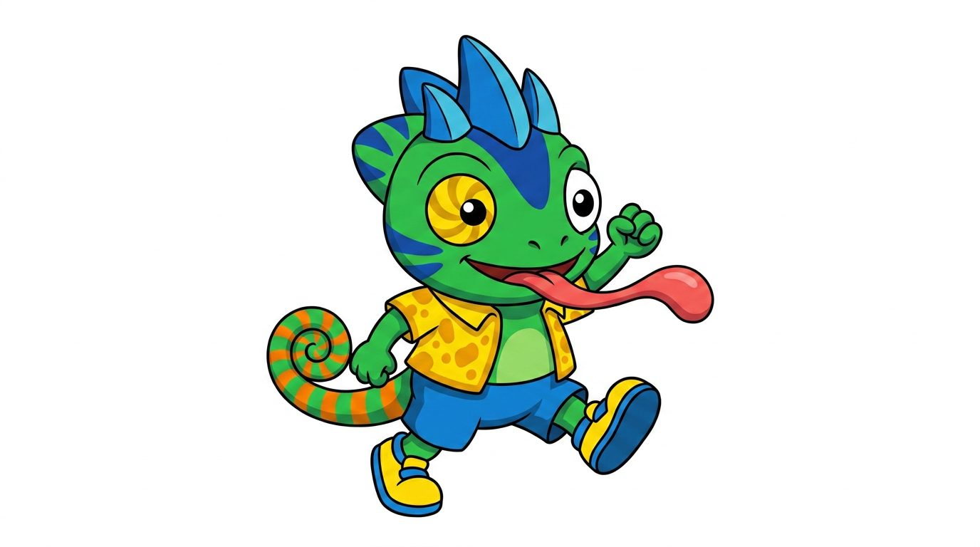 AI Design for the firsdt image has the pose i want to replicate which also has the same drawing style i want to repliocate to the second image with the small blue chameleon which should face the other direction on a white backdrop make him face the right and make him small and chubby