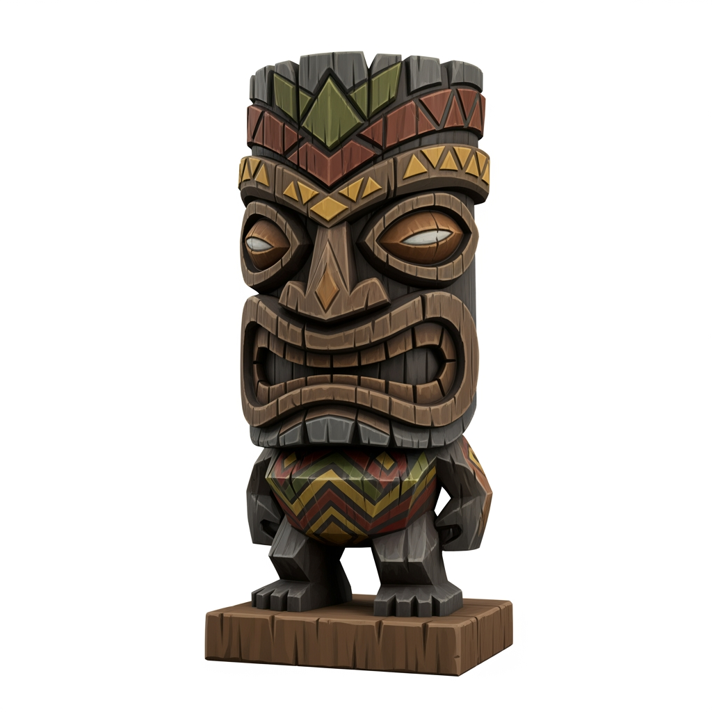 AI Design for make more tiki statue variants and make them more video game like one at a time with white background wooden base and colour patterns not to color full and more wood like and not too angry