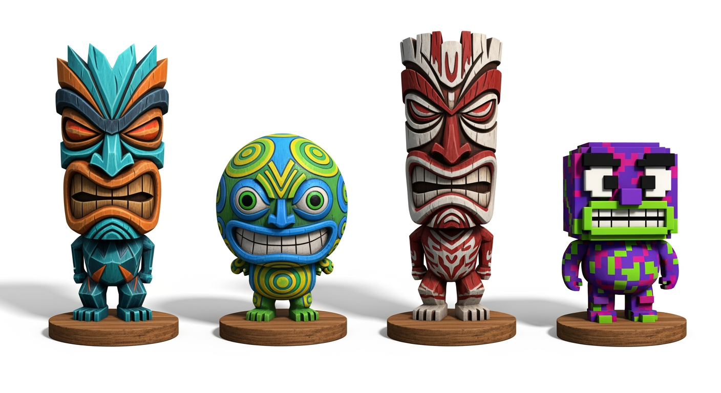 AI Design for make more tiki statue variants and make them more video game like one at a time with white background wooden base and colour patterns