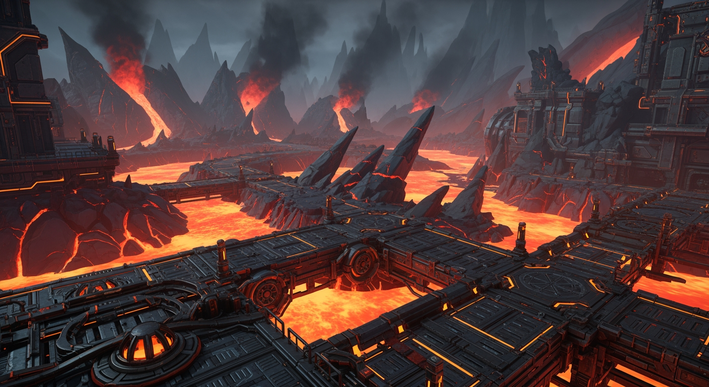 AI Design for make a video game world with many robotic mechanical elements like metal and also make it be in a lethal place full of lava rocks of magma as a background with no charachters a lot of smoke and game vibe and magma rocks and rocks are reddish orange to add to the vibe