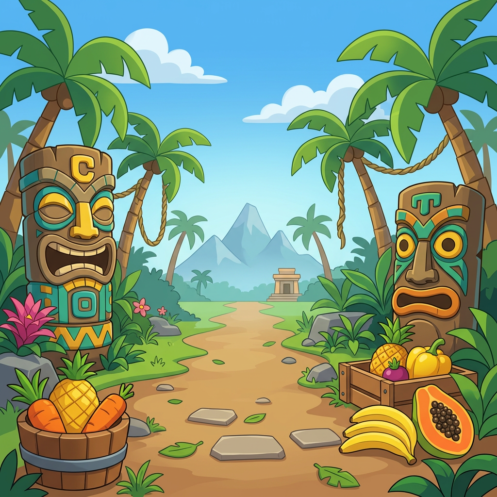 AI Design for MAKE AAN ENVIROMENT WITH THIS AESTHETIC MAKE IT SIMPLE CLEAN CARTOONY SIMPLER CLEAN NOT TO CONFUSING WITH FRUIT PALM TREES VINES like an indie game
