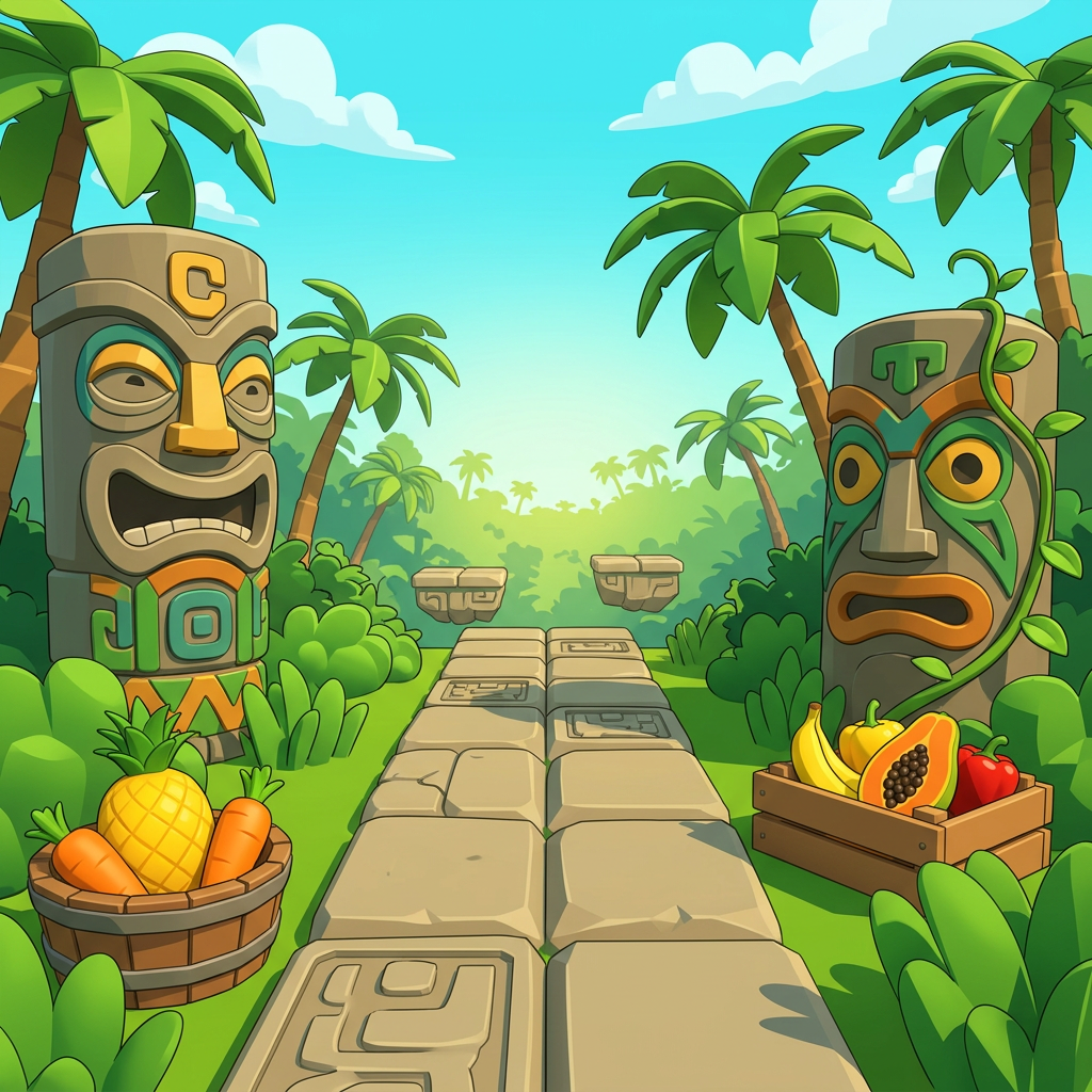 AI Design for MAKE AAN ENVIROMENT WITH THIS AESTHETIC MAKE IT SIMPLE CLEAN CARTOONY SIMPLER CLEAN NOT TO CONFUSING WITH FRUIT PALM TREES VINES like an indie game3 sunny comic style more mgreen  and beatifull world 3d platformer