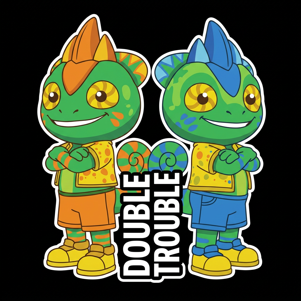 AI Design for So put them in just like cartoonish art style where they don't have too many shadows and I don't like how the text is vertical should make the text normal you should make the green and blue lizard smaller shorter than the green orange One and make it like in this sort of cartoon vector I guess art style with bold and thick lines and not too many shadows and don't change your designs a bit don't