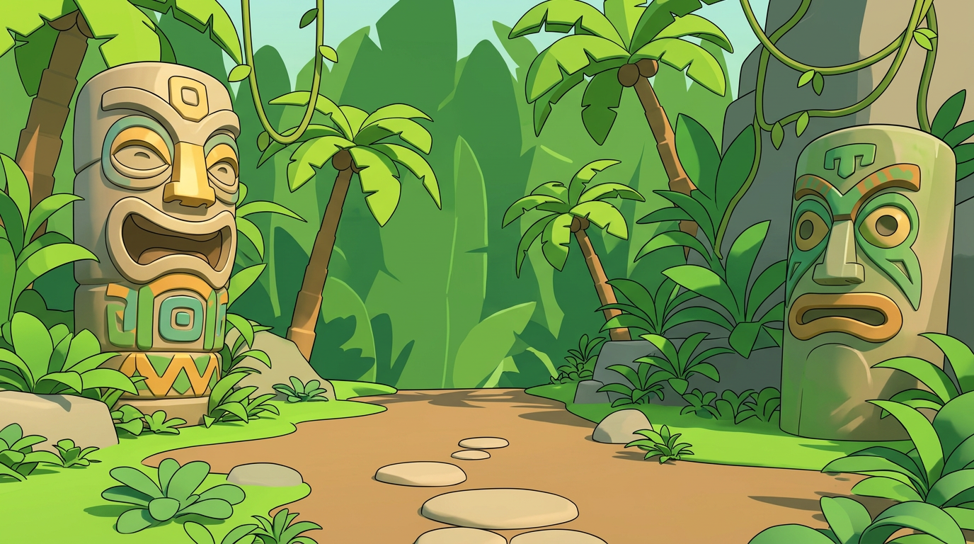 AI Design for MAKE AAN ENVIROMENT WITH THIS AESTHETIC MAKE IT SIMPLE CLEAN CARTOONY SIMPLER CLEAN NOT TO CONFUSING WITH FRUIT PALM TREES VINES like an indie game3 sunny comic style more mgreen  and beatifull world 3d platformer no